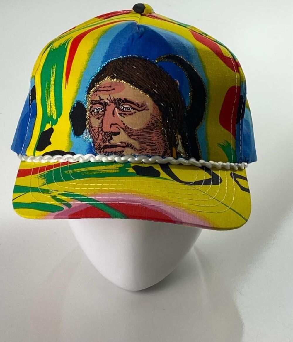 Vtg 80s Style Native American Rope Brim SnapBack Trucker Hat Yellow Multicolor